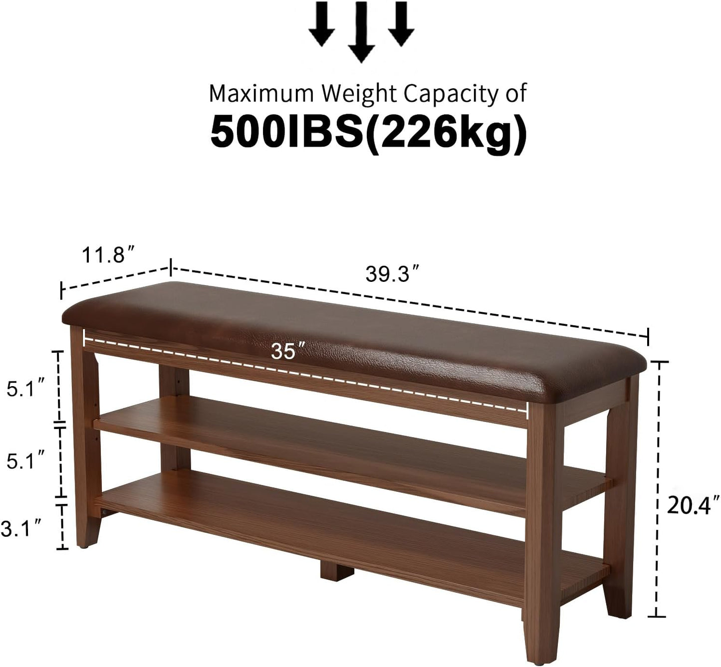 Wood Shoe Rack Bench for Entryway, Shoe Rack for Front Door Entrance with Leather Cushion, 2 Tier Shoe Bench with Shoe Storage for Entryway, Bedroom.