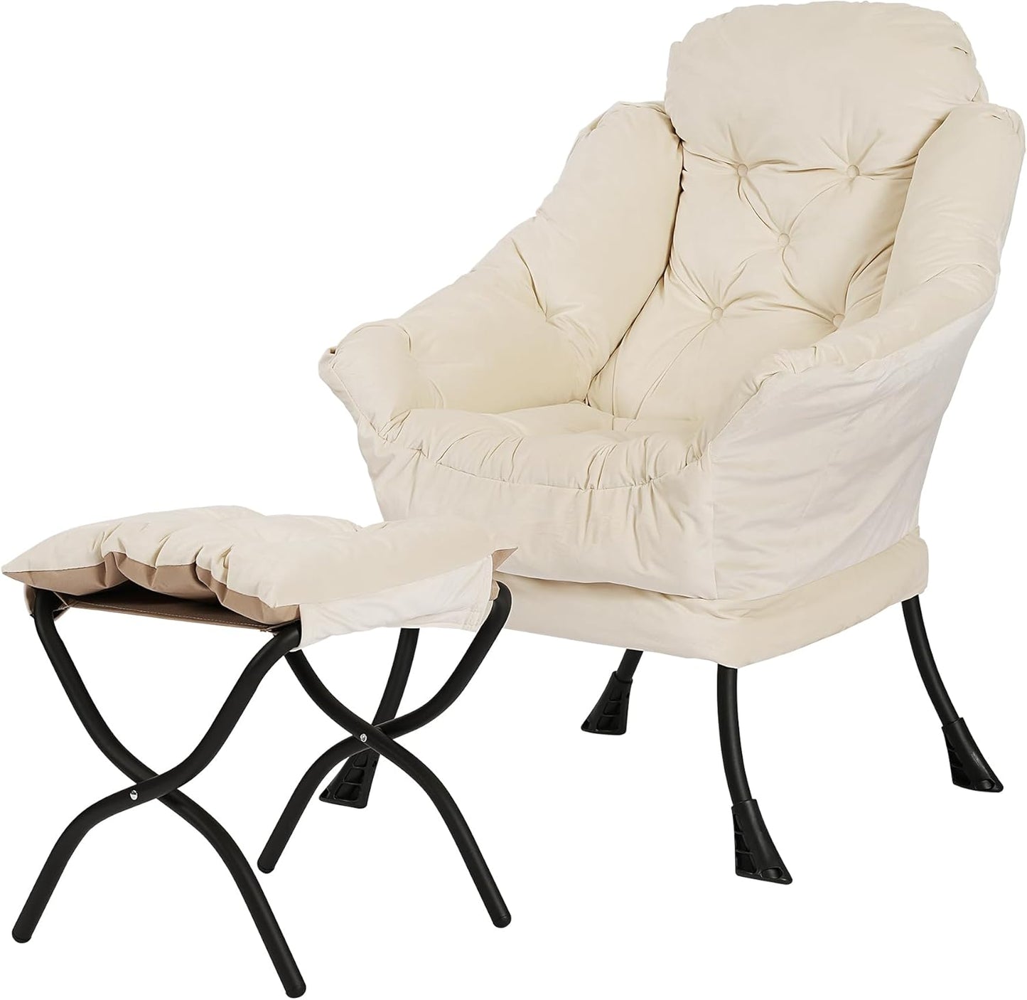 Lazy Chair with Folding Ottoman,Living Room Chairs, Accent Contemporary Lounge Chair, Single Steel Frame Leisure Sofa Chair with Armrests and A Side Pocket (White)