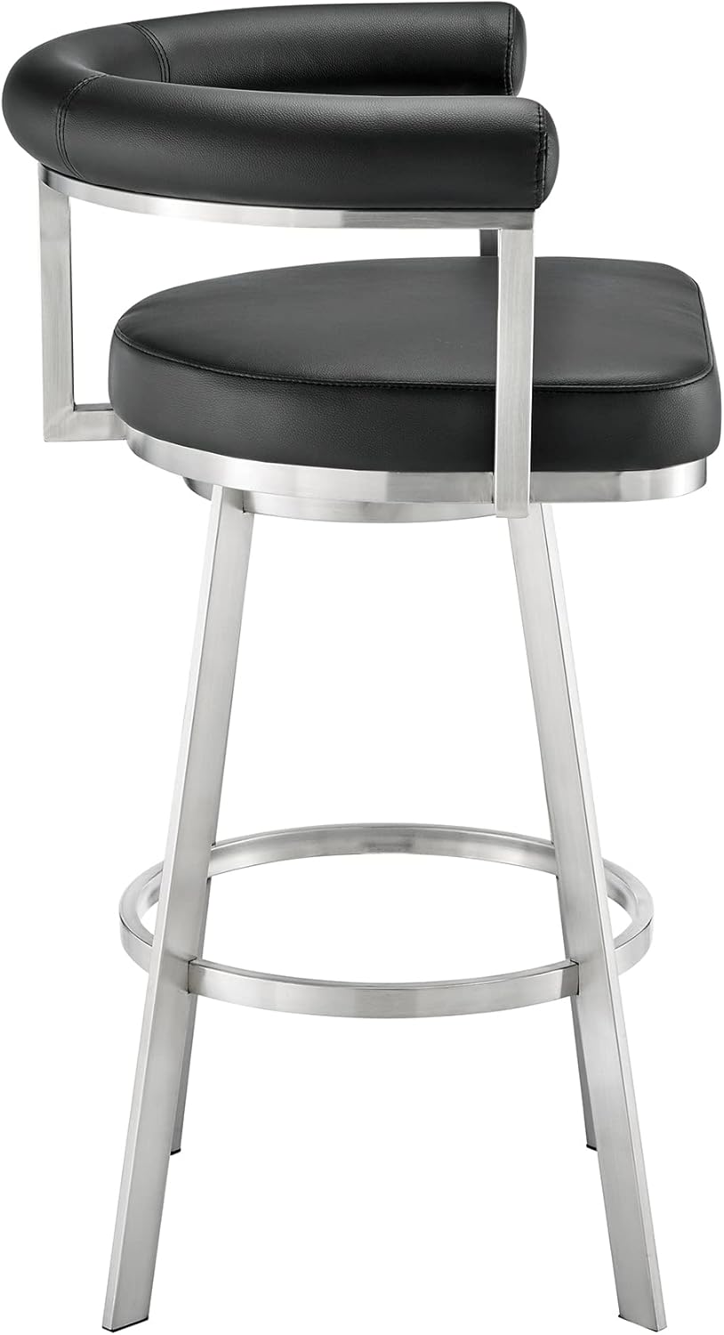 Armen Living Magnolia Swivel Bar Stool in Brushed Stainless Steel with Black Faux Leather