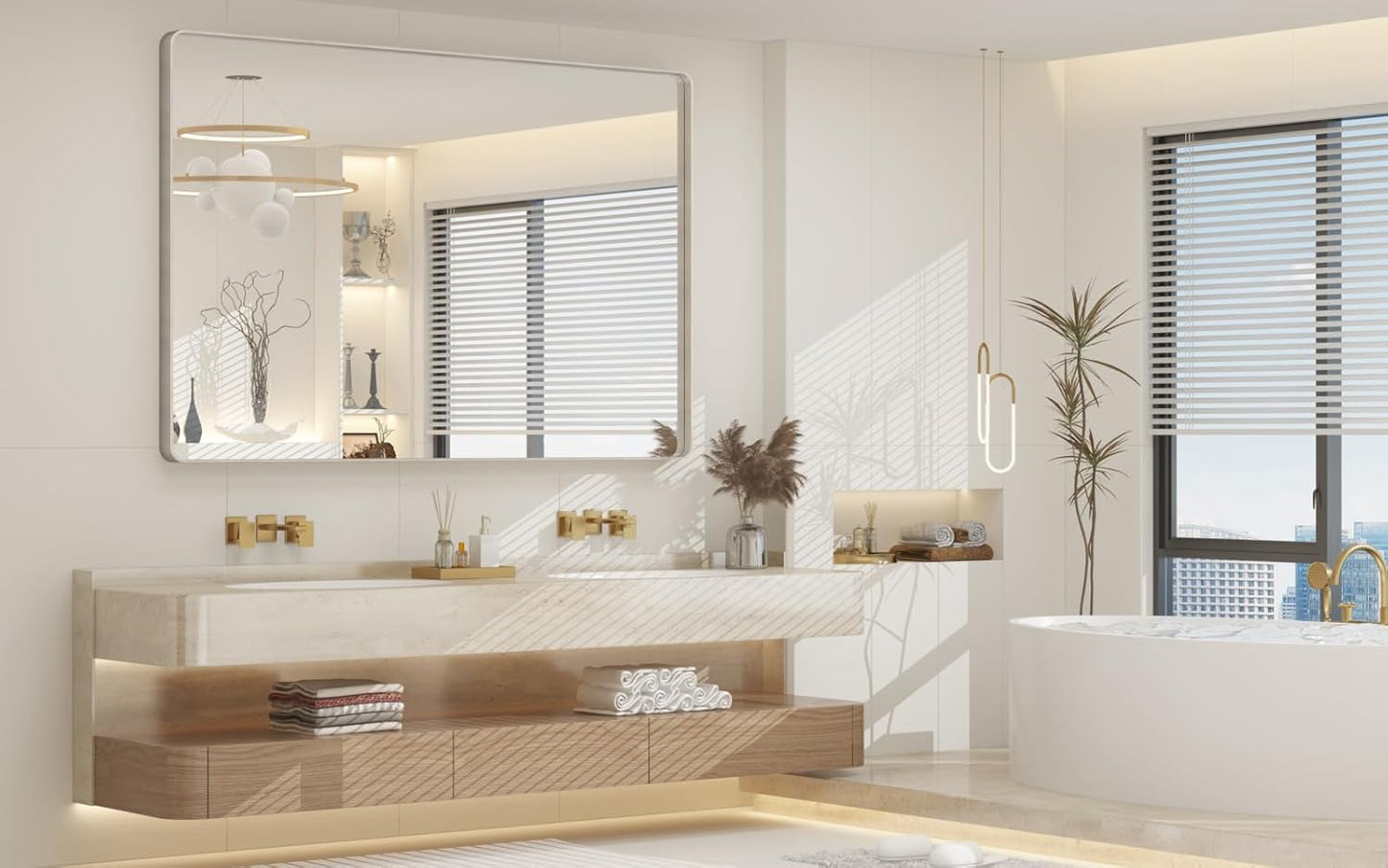 55x36 Inch Brushed Nickel Bathroom Mirror, Large Brushed Silver Metal Framed Wall Mirror, Rounded Corner Rectangle Modern Vanity Mirror, Tempered Glass, Anti-Rust, Shatterproof (Horizontal/Vertical)