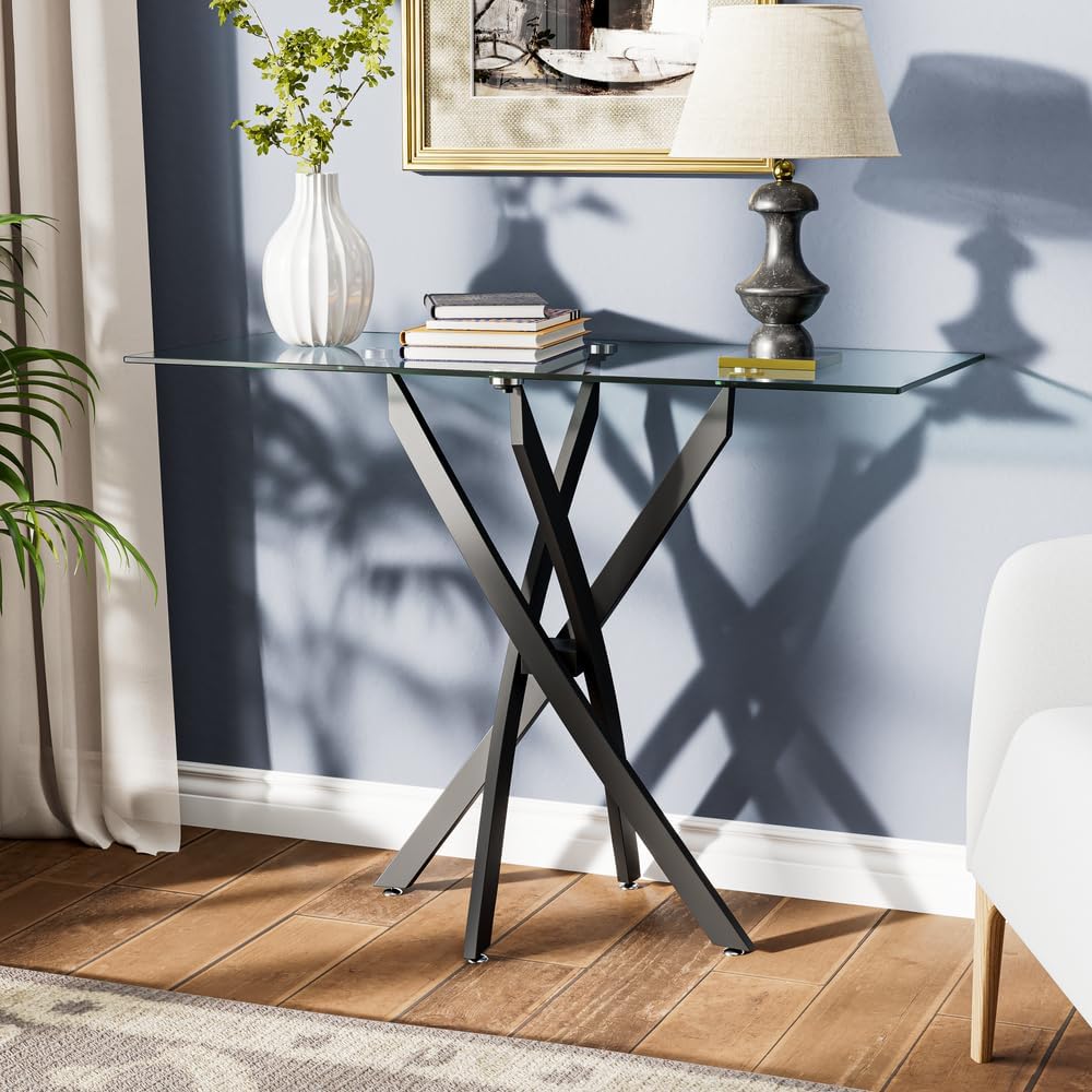 Tempered Glass Console Table with Metal Legs, Modern Narrow Sofa Table for Hallway Entryway (Black, 39"x18"x30")