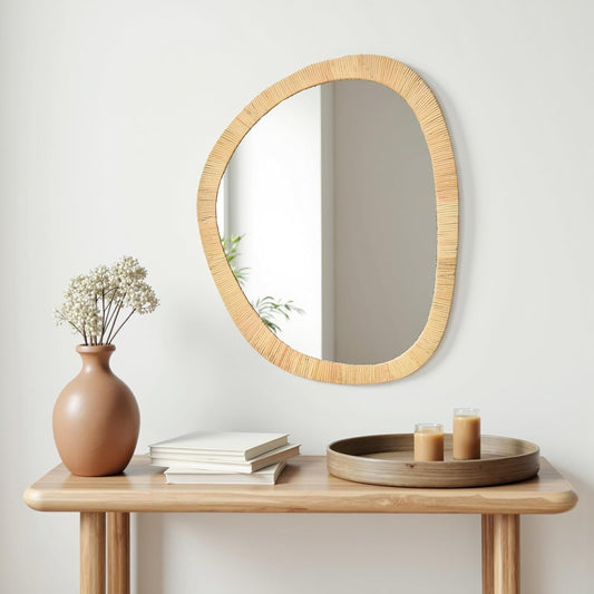 H HOMEWINS Rattan Mirror for Wall,31.5'' x 25.2" Wooden Framed Farmhouse Boho Wicker Coastal Irregular Vanity Mirror for Bathroom Living Room Entryway