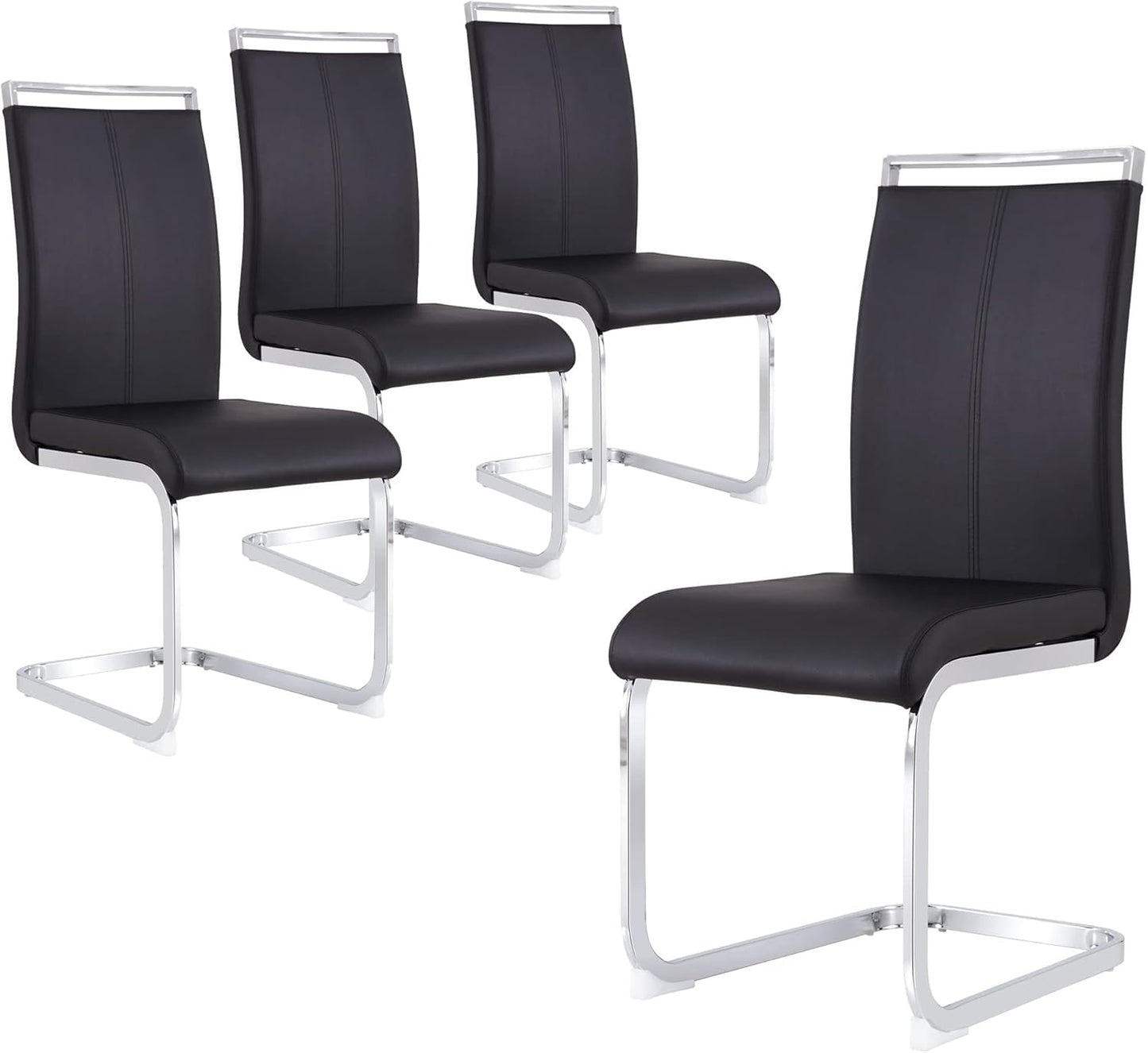 Dining Chairs Set, Kitchen Modern Metal Chairs with Faux Leather Padded Seat High Back and Sturdy Chrome Legs, Chairs for Dining Room (Black, Set of 4)