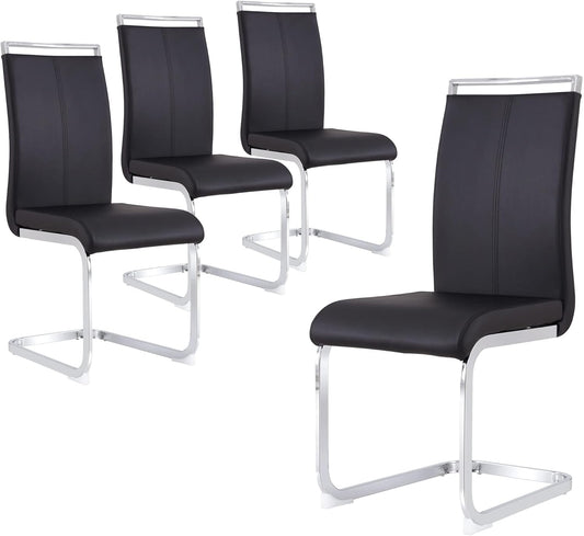 Dining Chairs Set, Kitchen Modern Metal Chairs with Faux Leather Padded Seat High Back and Sturdy Chrome Legs, Chairs for Dining Room (Black, Set of 4)
