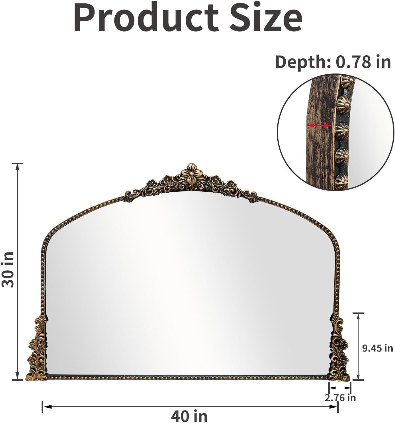 Vintage Arched Mirror, 40"x 30"Antique Baroque Mirror Style Metal Beaded Frame for Entryway Hallway Living Room,Vintage Black