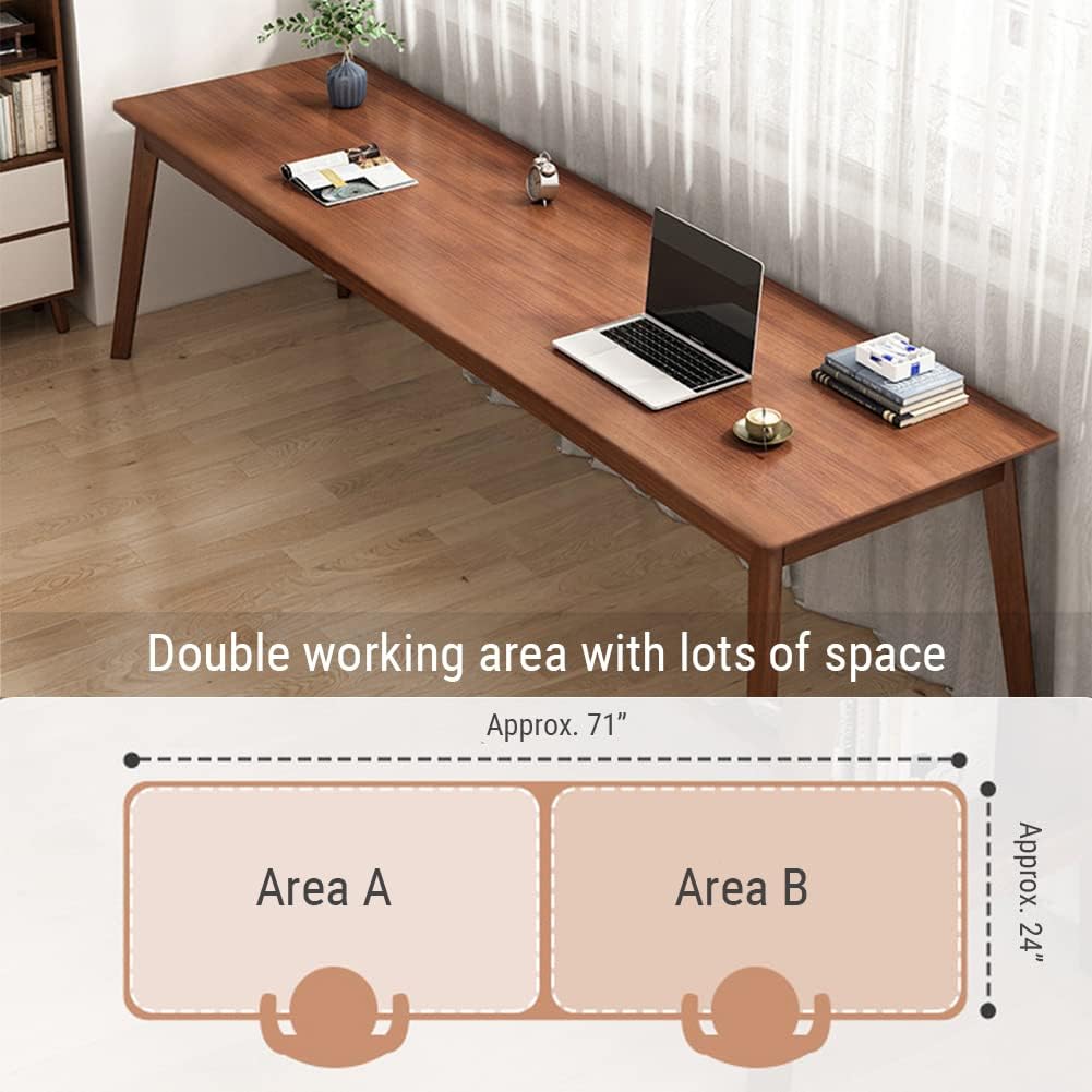 Mid-Century Long Desk Table - 71" Simple Modern Extra Long 2-Person Wood Computer Workstation for Home Office Work in Walnut, 71" W x 24" D
