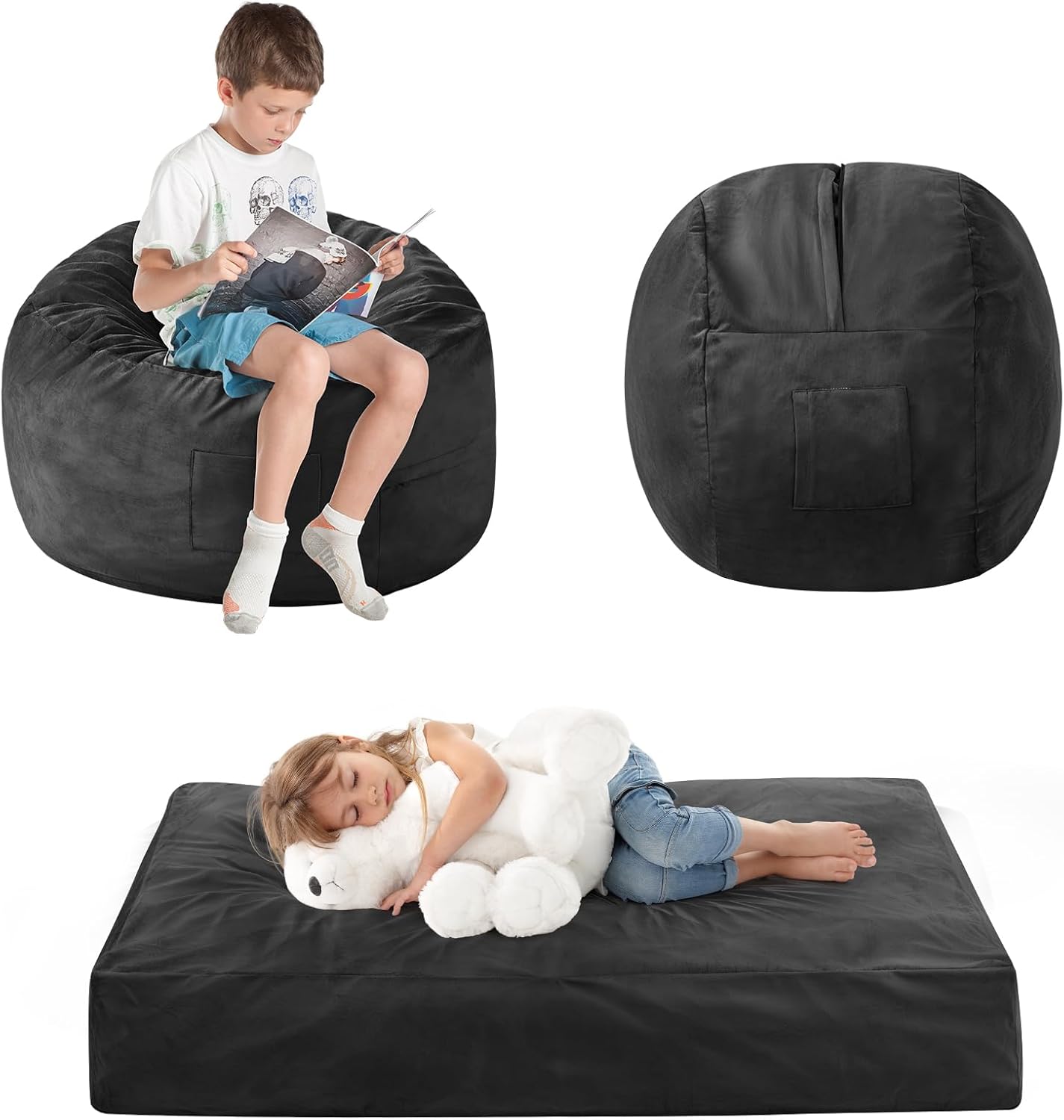 Kids Bean Bag Chair Bed - Convertible Lazy Chair to Floor Mattress with Filler - Small Beanbag Chair for Boys and Girls - Floor Couch Sofa in Bedroom, Classroom, Reading Nook - Carbon Black