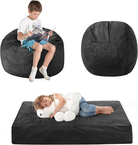 Kids Bean Bag Chair Bed - Convertible Lazy Chair to Floor Mattress with Filler - Small Beanbag Chair for Boys and Girls - Floor Couch Sofa in Bedroom, Classroom, Reading Nook - Carbon Black