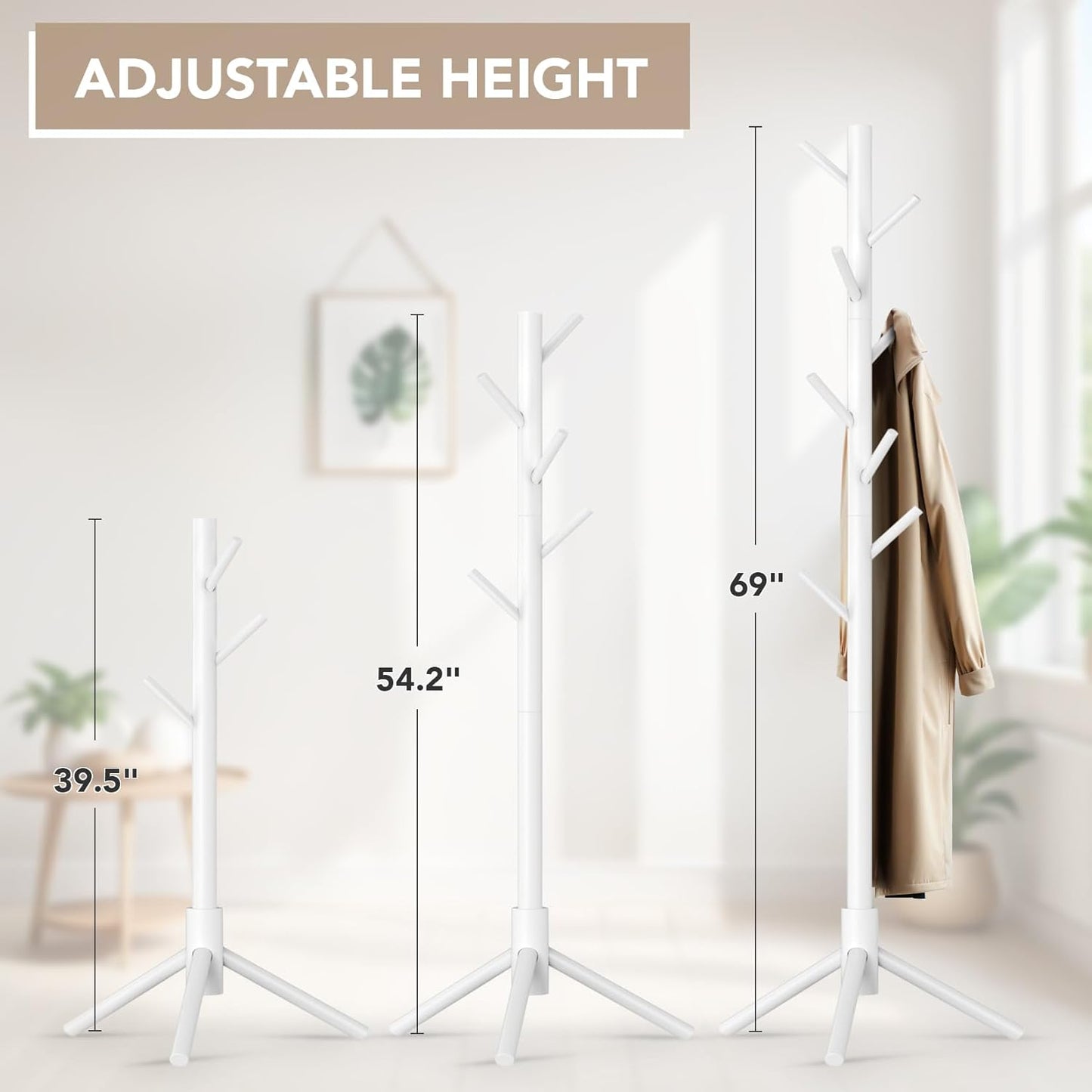 Wooden Tree Coat Rack Stand,Sturdy Freestanding Coat Rack with 8 Hooks,3 Adjustable Height for Child Adult,Wood Coat Stand Tree Fits Entryway Bedroom Office for Bags,Hats