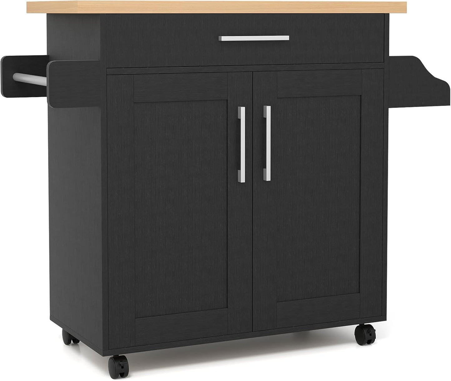 COSTWAY Kitchen Island On Wheels, Rolling Storage Trolley Cart with Large Cabinet, Drawer, Spice Rack and Towel Rack, Kitchen Serving Utility, 3-Position Adjustable Shelf (Black)