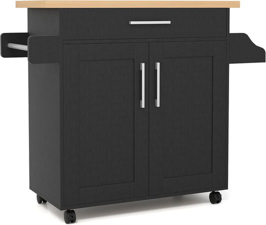 COSTWAY Kitchen Island On Wheels, Rolling Storage Trolley Cart with Large Cabinet, Drawer, Spice Rack and Towel Rack, Kitchen Serving Utility, 3-Position Adjustable Shelf (Black)