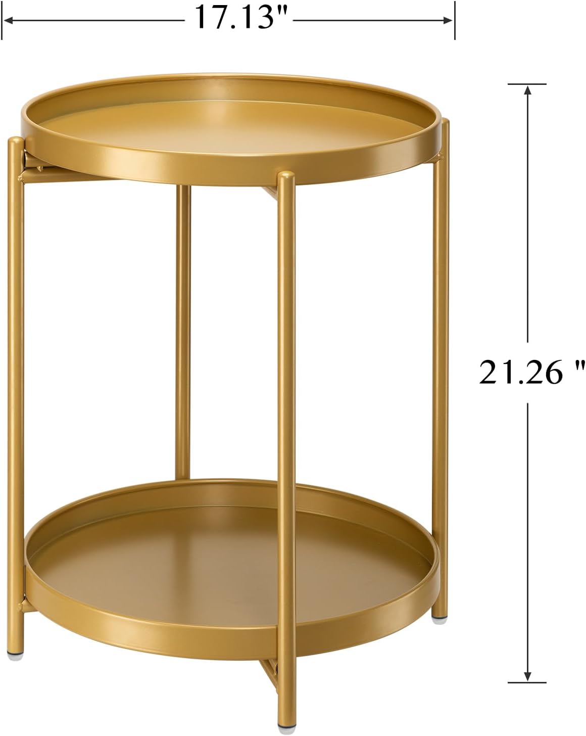 danpinera 2-Tier End Table, Outdoor Side Table, Metal Round Desk with Removable Tray, Small Folding Accent Desk, Anti-Rust Nightstand for Bedroom Balcony Patio Living Room, Set of 2 (Gold)