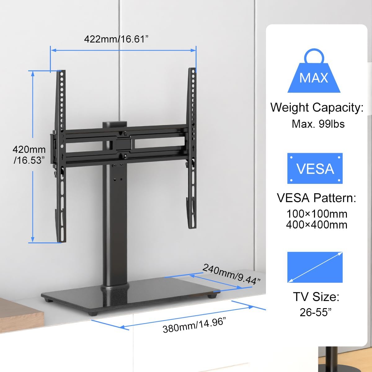 suptek Universal Swivel Table Top TV Stand for 26-55 inch LED OLED Flat Curved Screens, Height Adjustable TV Mount Stand with Glass Base Hold up to 99lbs, Max VESA 400x400mm,TS202