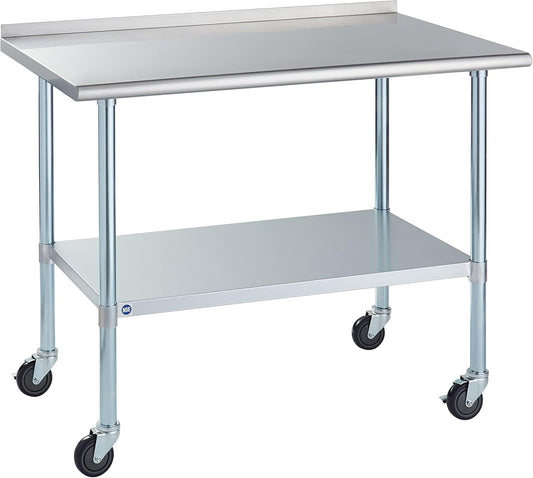 Stainless Steel Table for Prep & Work with Backsplash and Caster 30x48 Inches, NSF Metal Commercial Kitchen Table with Adjustable Under Shelf and Table Foot for Restaurant, Home and Hotel