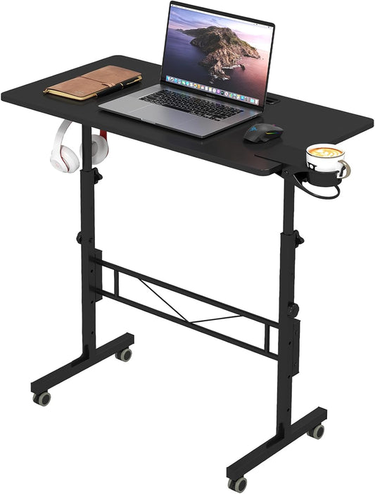 Hadulcet Small Standing Desk Adjustable Height, Mobile Stand Up Desk with Wheels, Portable Walking Pad Table Stand, Rolling Laptop Cart for Standing or Sitting, Black
