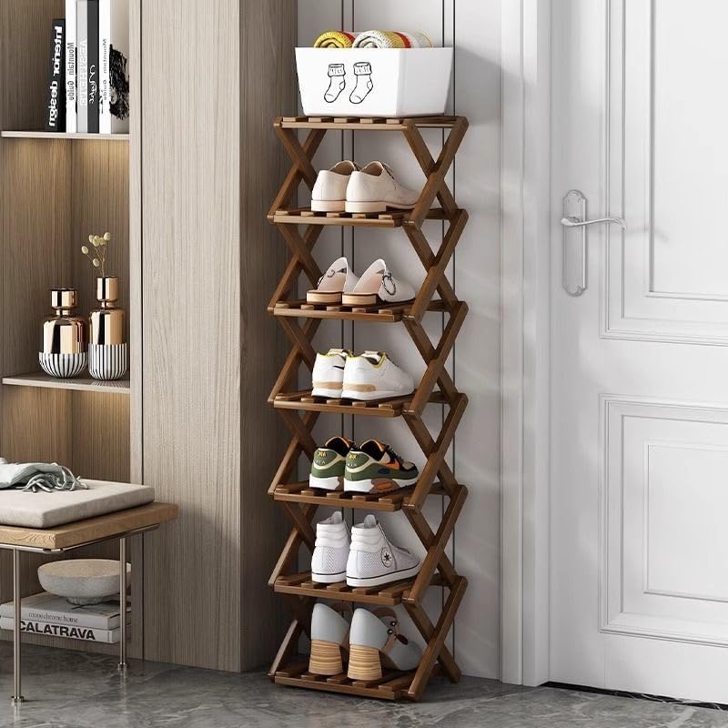 Shoe Rack, Bamboo Foldable Shoes Organizer Free Standing Shelf for Entryway, Closet, Bedroom, Hallway, | Natural | Functional | Multifunctional Shoe Rack (Brown Color) 7 Layers