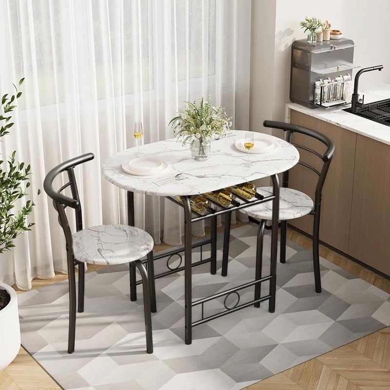 Shahoo 3-Piece Wooden Dining Table Set, Kitchen Breakfast Nook Sets with 2 Chairs & Round Tabletop, Space Saving Furniture Metal Frame and Built-in Wine Rack, Marble White & Black