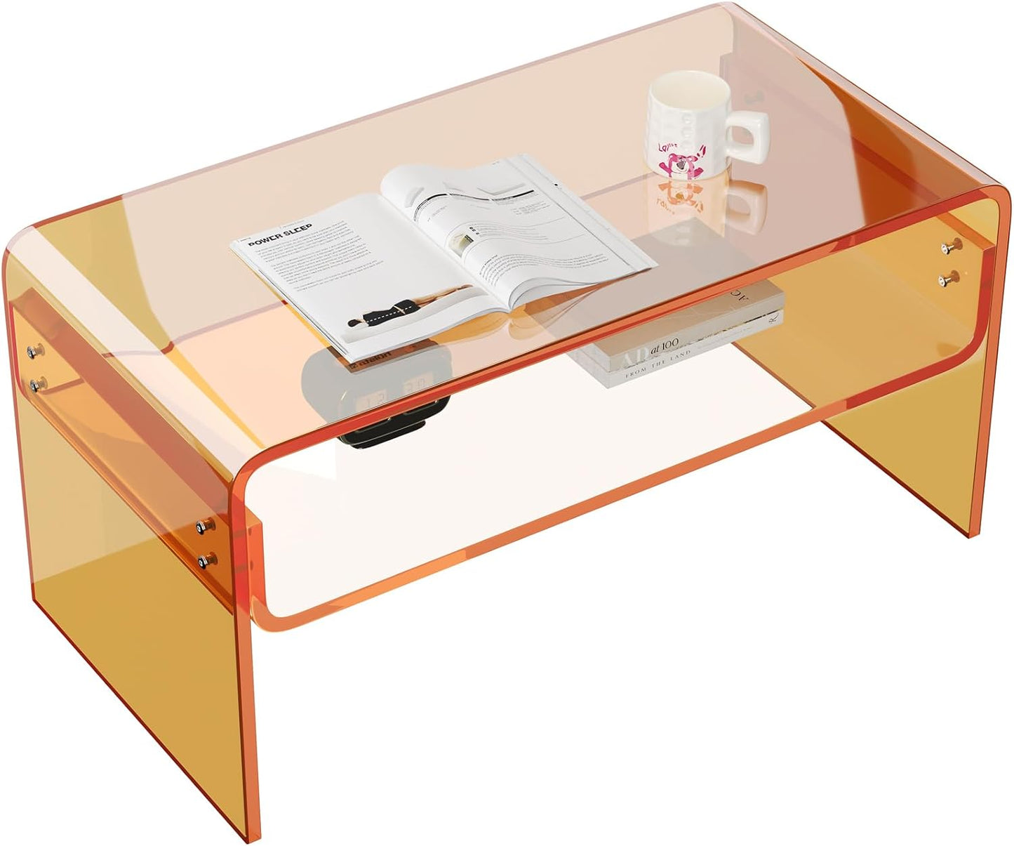 Acrylic Coffee Table, Orange Rectangle Acrylic Side Table Furniture, Modern Tea Table with Open Storage, Acrylic End Table for Living Room, Office Reception and Bedroom