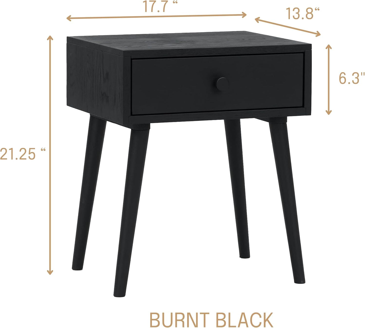 NTC Solid Oak Lux Nightstand with Drawer, Mid Century Modern Side Table Bedroom, Bedside Furniture, Night Stand, End Table, Easy Assembly - Burnt Black
