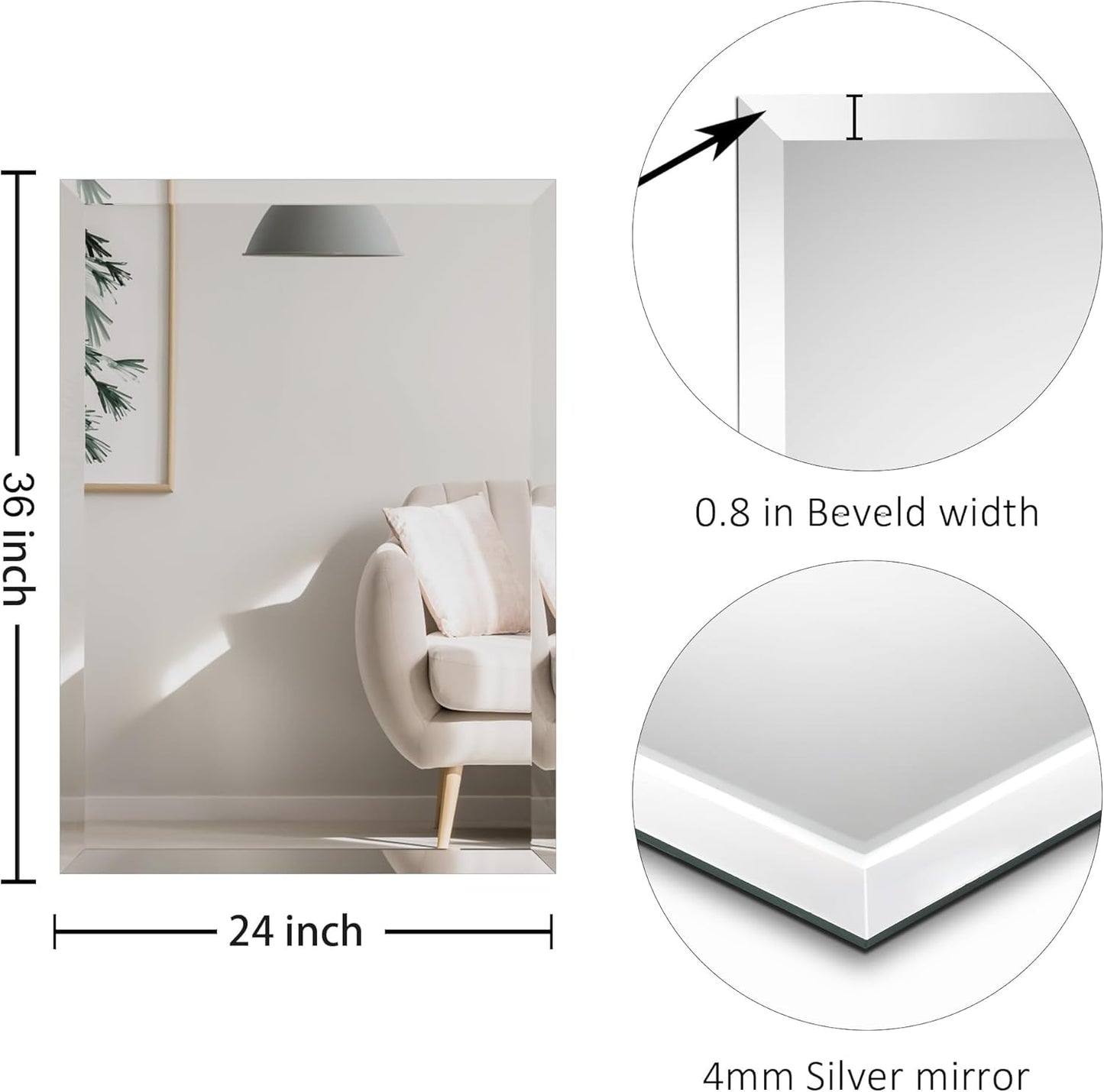 KOHROS Bathroom Mirror 36” x 24" Large Frameless Rectangle Bathroom Wall Mirror w/Polished Edge, Anti-Rust, Tempered Glass, Horizontally or Vertical Hanging (Silver)