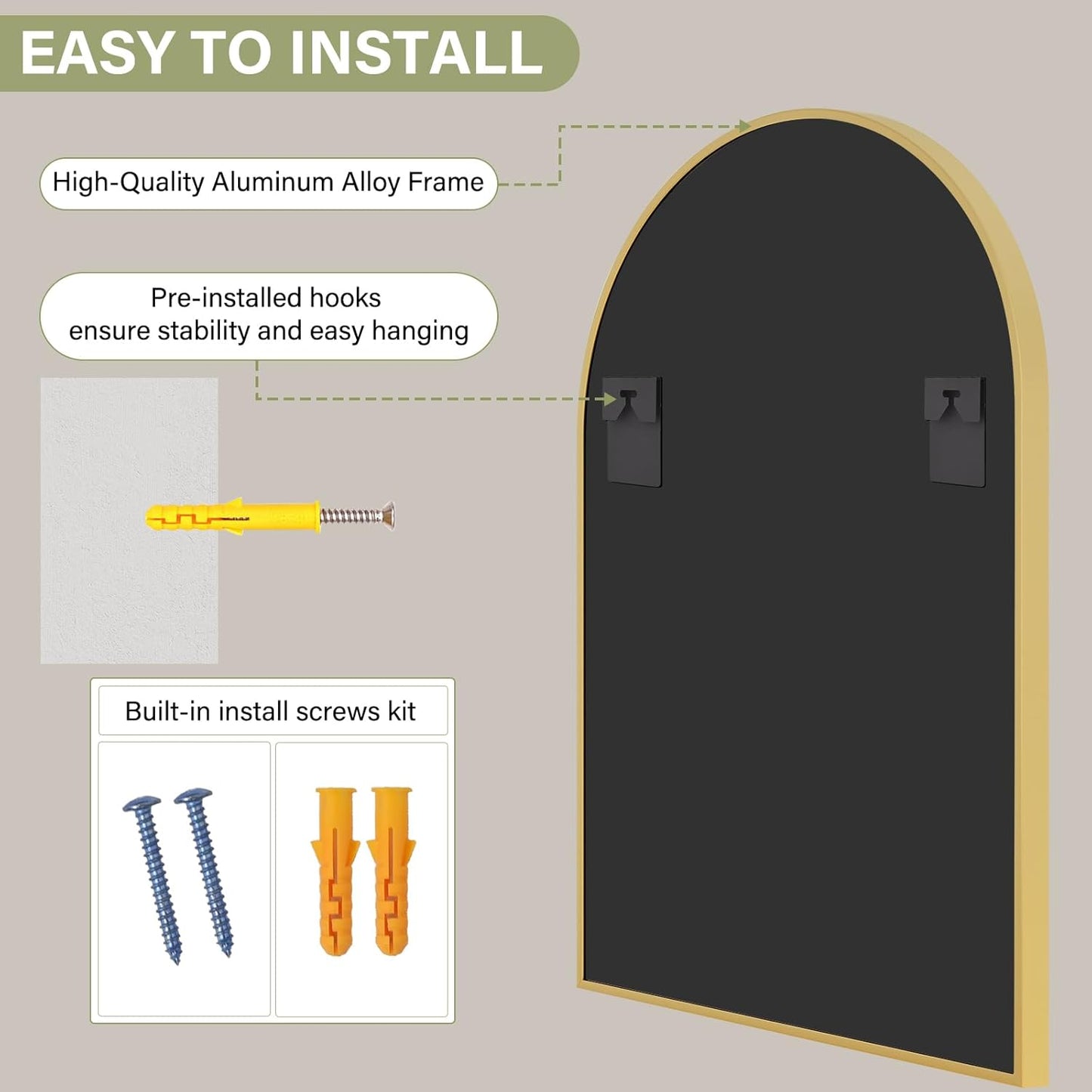 30x38 Inch Arched Bathroom Mirror - Gold Metal Frame Wall Mounted Vanity Mirror for Bathroom, Bedroom, Living Room, Hanging or Leaning Decorative Mirror