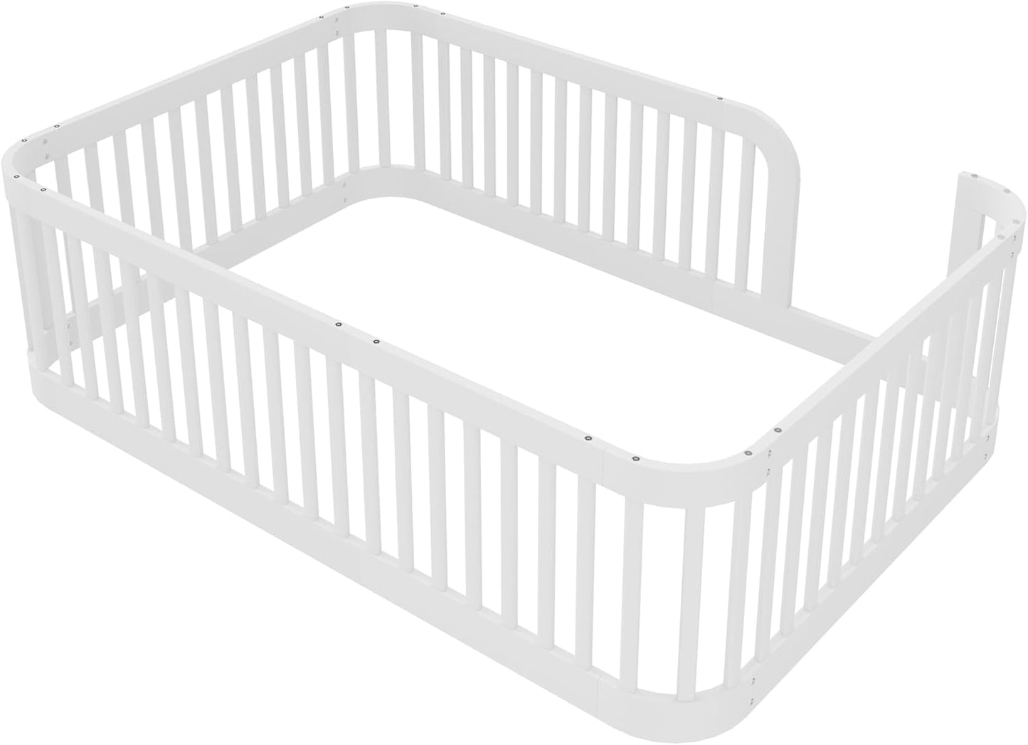 Full Floor Bed with High Fence and Rounded Corner Design, Montessori Floor Bed Frame with Guardrail and Entrance, Easy Assemble Montessori Bedd Full Size, White