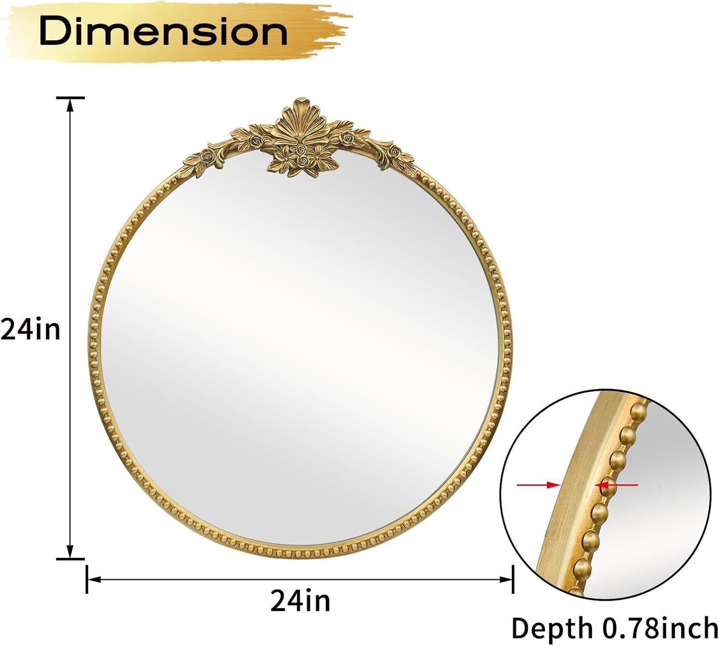 Round Gold Mirror,24inch Baroque Style Vintage Decorative Circle Wall Mirror for Living Room, Bedroom, Bathroom, and Entryway,Antique Gold