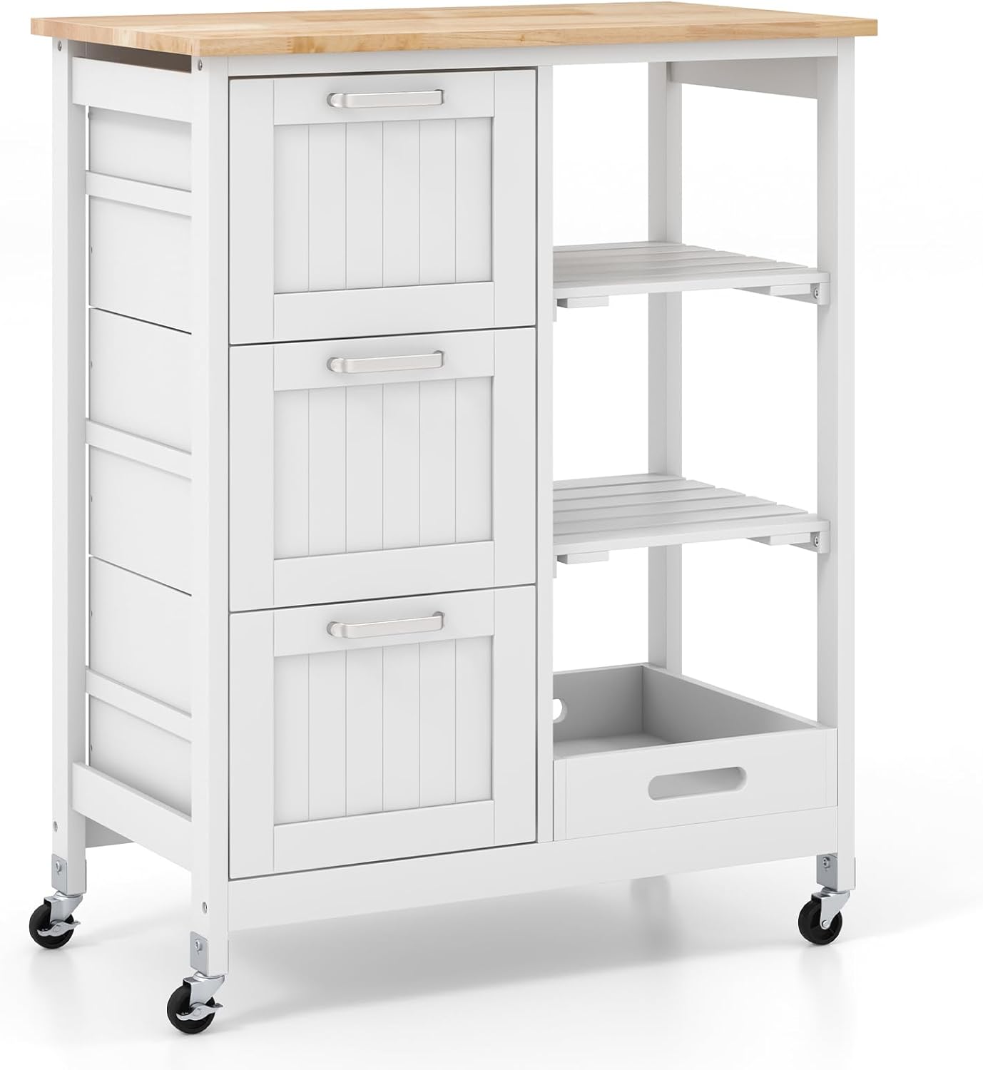 COSTWAY Kitchen Storage Island Cart on Wheels, Kitchen Rolling Trolley Cart with 3 Drawers and Shelves, 360° Wheels & Detachable Tray, Kitchen Island for Dining Room, Living Room & Bedroom