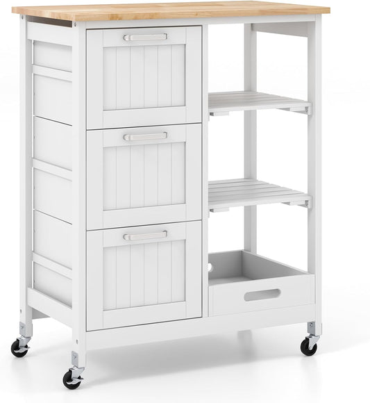 COSTWAY Kitchen Storage Island Cart on Wheels, Kitchen Rolling Trolley Cart with 3 Drawers and Shelves, 360° Wheels & Detachable Tray, Kitchen Island for Dining Room, Living Room & Bedroom