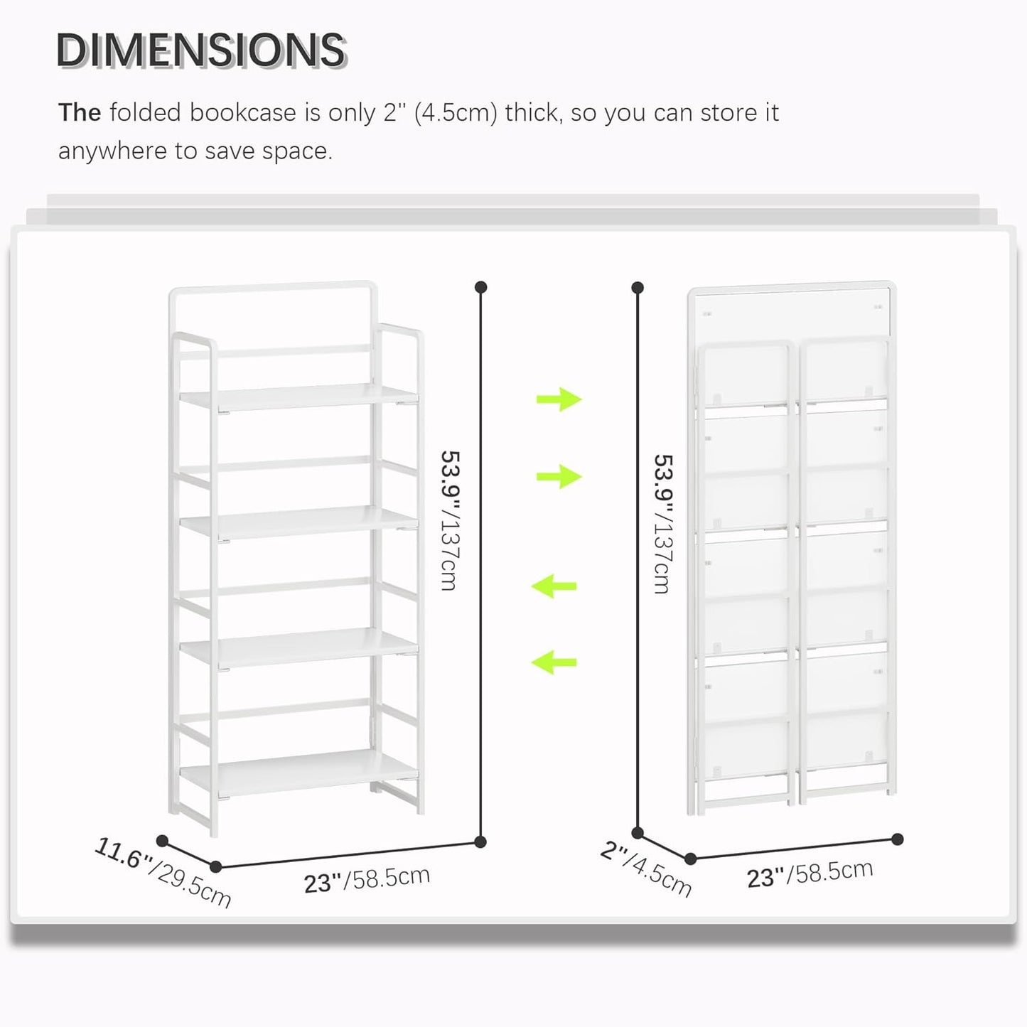 4NM No Assembly Folding Bookshelf, 4-Shelf 54" H Collapsible Foldable Bookcase Storage for Small Spaces, All White
