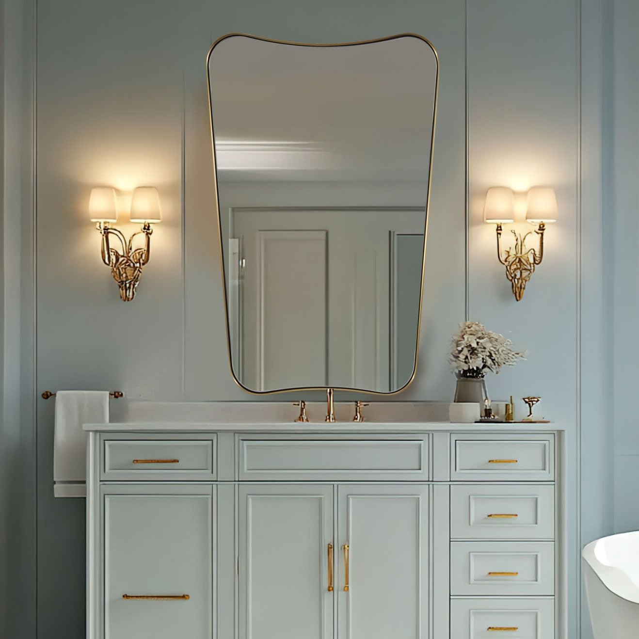 ANDY STAR Gold Vanity Mirror, 26x38 Inch Brushed Gold Asymmetrical Wall Mirror, Antique Brass Bathroom Mirror in Anti-Rust Stainless Steel Metal Frame, Large Decorative Mirror, Butterfly Shape