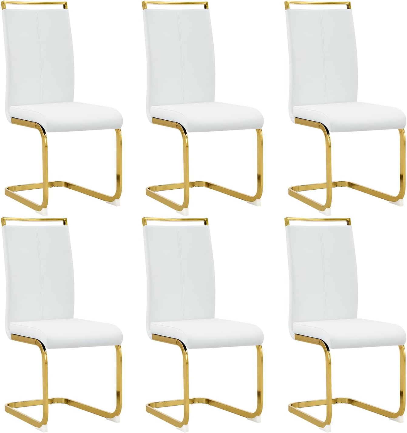 Modern Dining Chairs Set of 6,High Back White Kitchen Chairs,Faux Leather Side Chair with Gold Plated Metal Legs,Easy to Clean Upholstered Dining Chairs,Ideal for Living Room(Gold Leg)