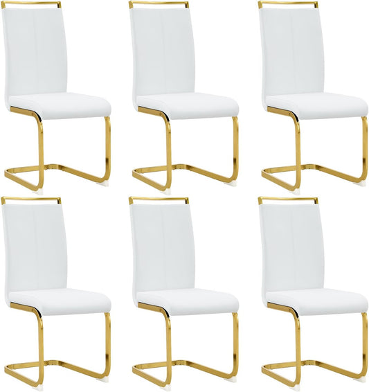 Modern Dining Chairs Set of 6,High Back White Kitchen Chairs,Faux Leather Side Chair with Gold Plated Metal Legs,Easy to Clean Upholstered Dining Chairs,Ideal for Living Room(Gold Leg)