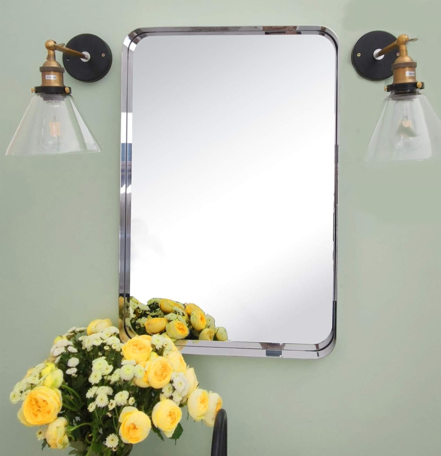 TEHOME 24x36 inch Chrome Metal Framed Bathroom Mirror for Wall in Stainless Steel Chrome Rounded Rectangular Bathroom Vanity Mirrors Wall Mounted…