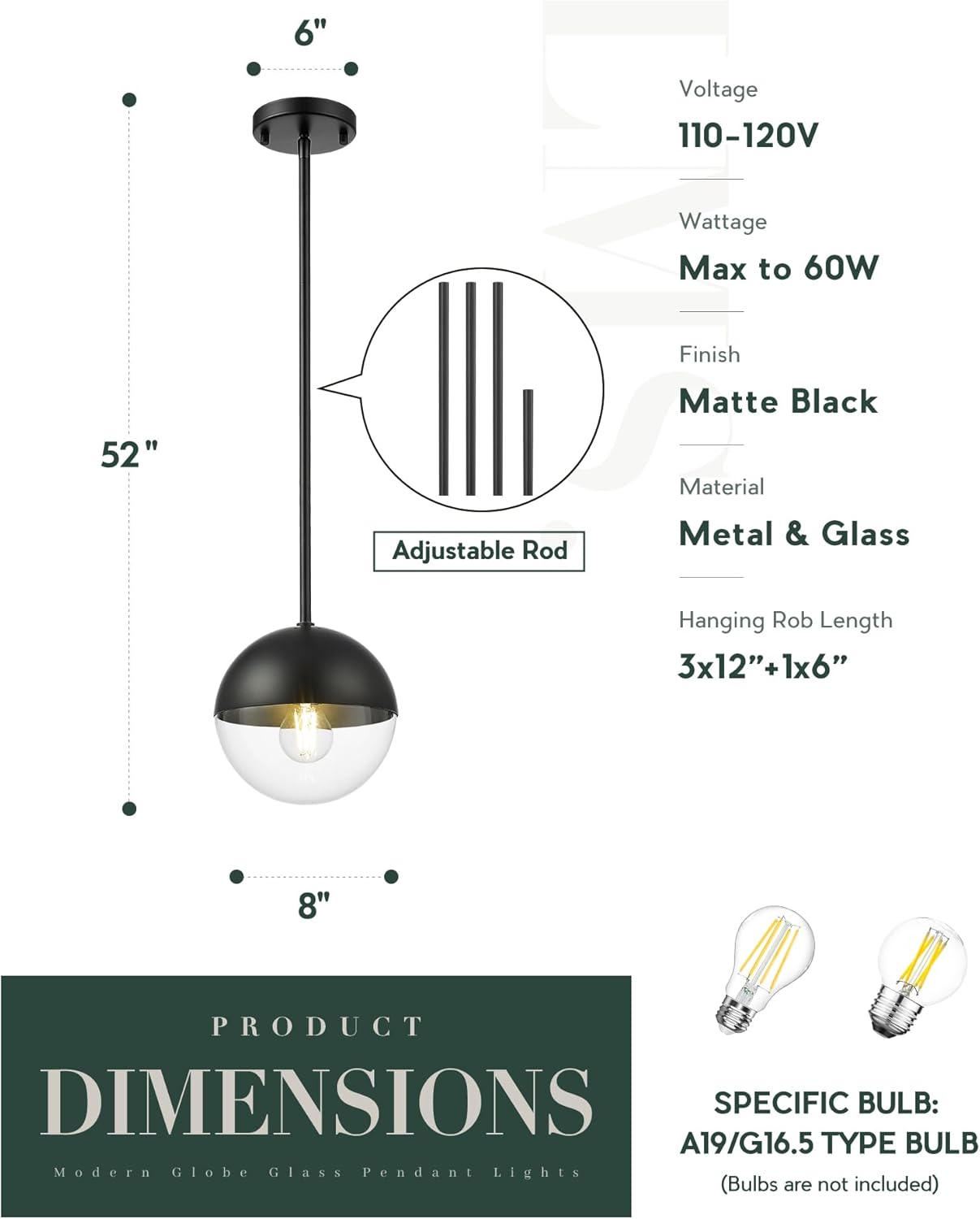 LMS Modern Pendant Lights, Matte Black Kitchen Island Pendant Light Fixtures, Adjustable Hanging Rod Ceiling Light for Dining Room Bathroom Bedroom, LMS-186BKC