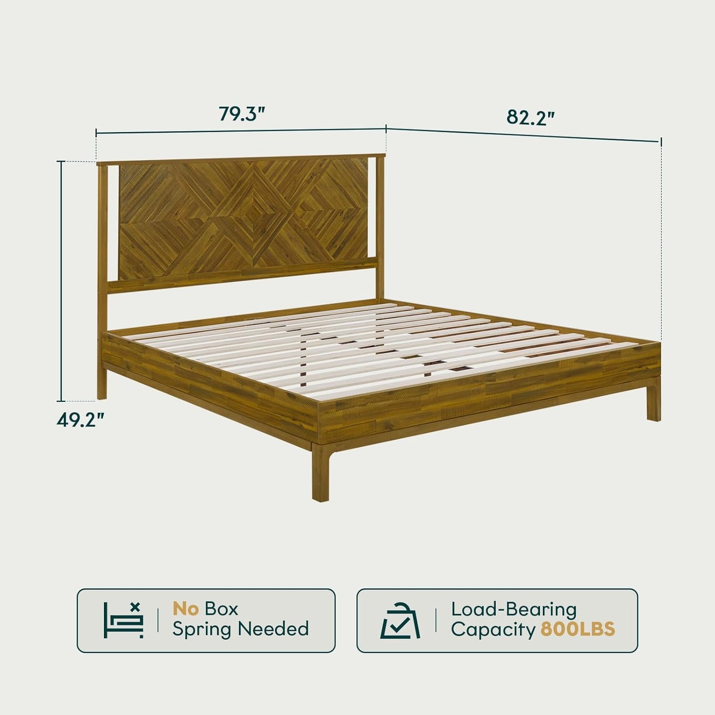 Bme Ethan Solid Wood King Bed Frame with Diamond Headboard - Rustic & Mid-century Modern - Acacia Wood Platform Bed - Compatible with All Mattresses - No Box Spring Needed - Rustic Dark Brown