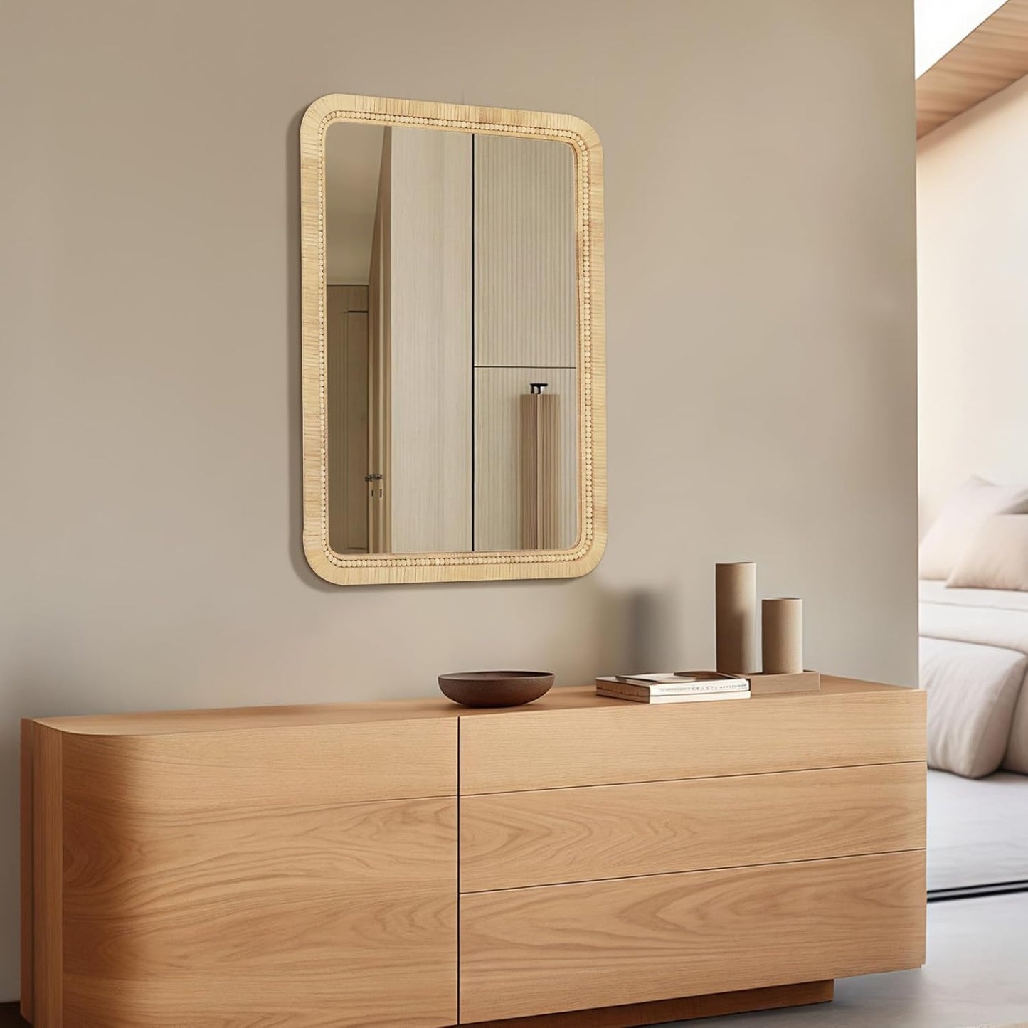 ULIKE Rattan Mirror for Bathroom, 22x30 Inch Rectangle Rustic Farmhouse Wall Decor with Handmade Wicker Frame, Boho Mirror for Nursery Bedroom Living Room Entryway