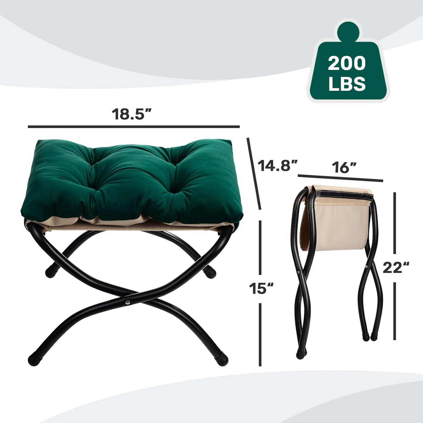 HollyHOME 15"(H) Folding Footrest Stool, Upholstered Small Foldable Ottoman, Accent Padded Sofa Foot Stool for Lazy Chair, Metal Frame Portable Foot Rest Ottoman for Home, Living Room, Bedroom, Green