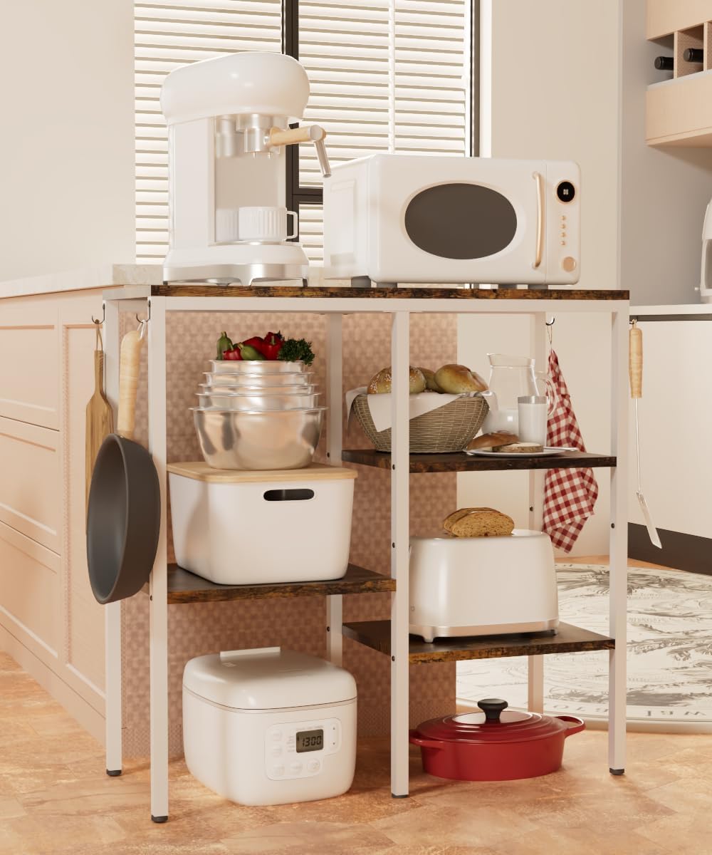Artibear 4-Tier Kitchen Microwave Oven Stand, Adjustable Coffee Bar Station for Small Appliance, Baker's Rack with 4 Hooks & 5 Storage Shelves, Utility Rack for Kitchen, Living Room, Office, White