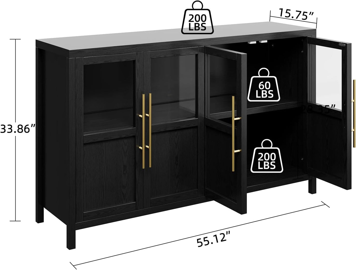 GarveeHome Sideboard Buffet Cabinet with 4 Glass Doors, 55" Buffet Table Coffee Bar Wine Bar Display Cabinet for Kitchen Dining Room, Living Room (Dark, Glass with 4 Doors)