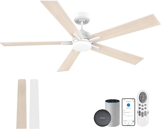 60” Smart Ceiling Fan with Lights Remote,Control via Alexa Google Voice App Wifi,Silent DC Motor,Dimmable,Outdoor Indoor Modern Ceiling Fans for Large Bedroom Patio Porch,White and Wood