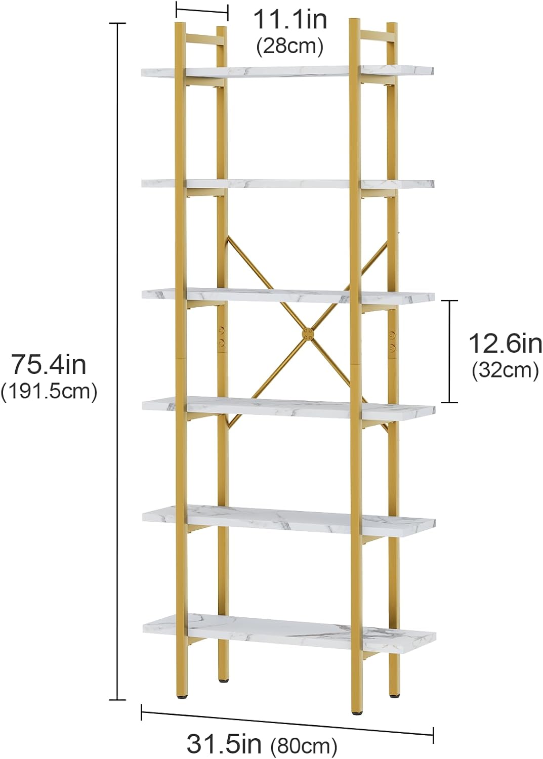 6 Tiers Bookshelf Organizer White Faux Marble Shelf,Modern Open Display Storage Bookcase, and Metal Bookshelf Standing Storage Shelf Tall Shelving Units for Home Office Study
