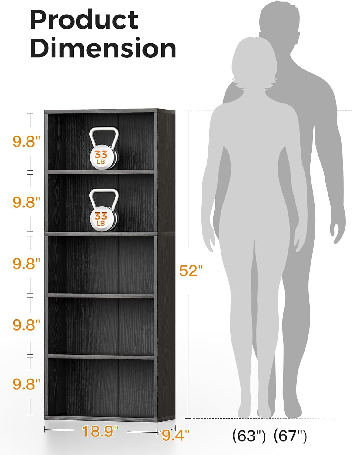 Casaottima 5-Tier Open Bookshelf and Bookcase, Floor Standing Display Storage Shelves for Living Room, Tall Book Shelf for Bedroom, Home Office, Dining Room, Black