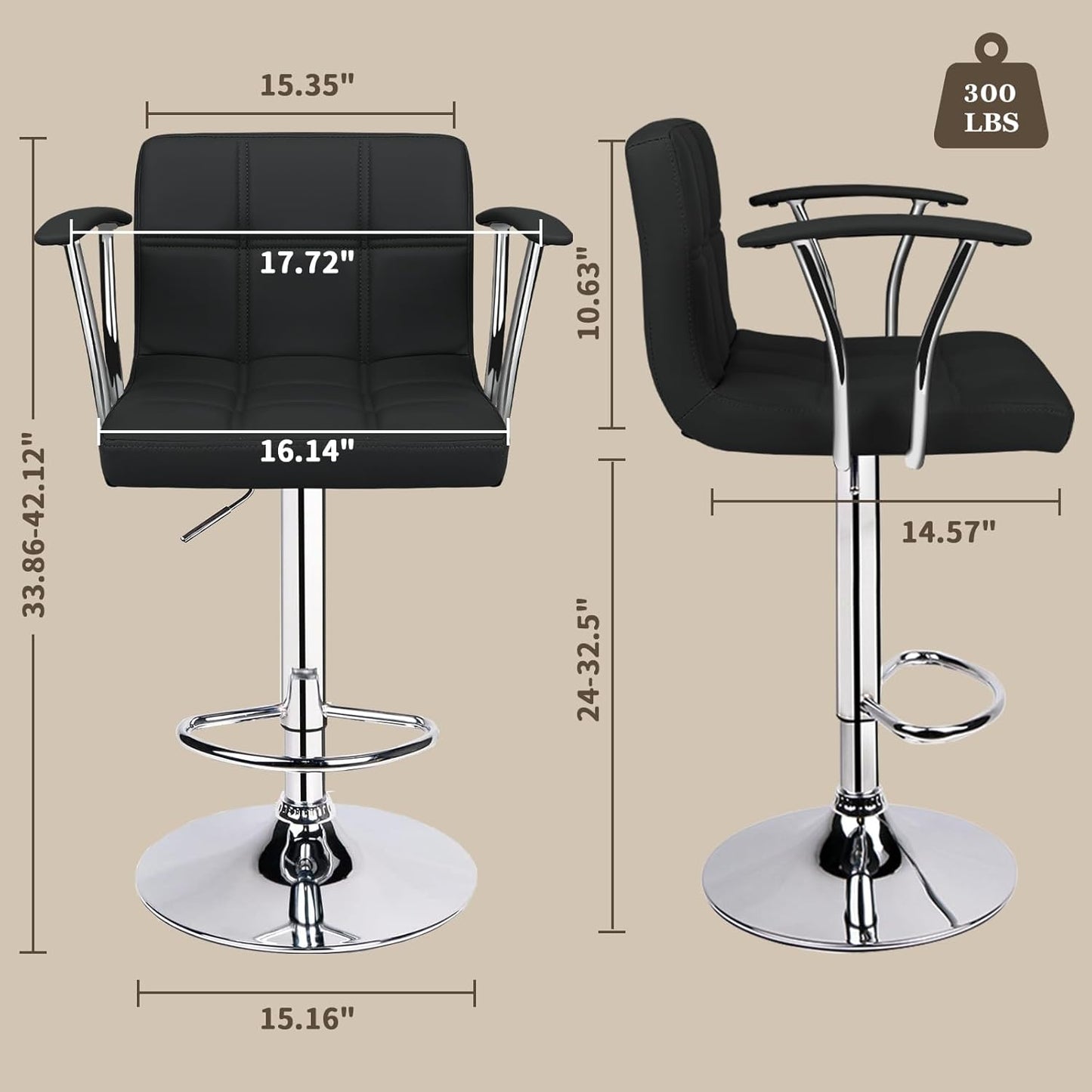 Bar Stools Set of 2,Armrest Adjustable Swivel Barstools with Back,Double Needle PU Leather Counter Height Bar Stools for Kitchen Island, Black