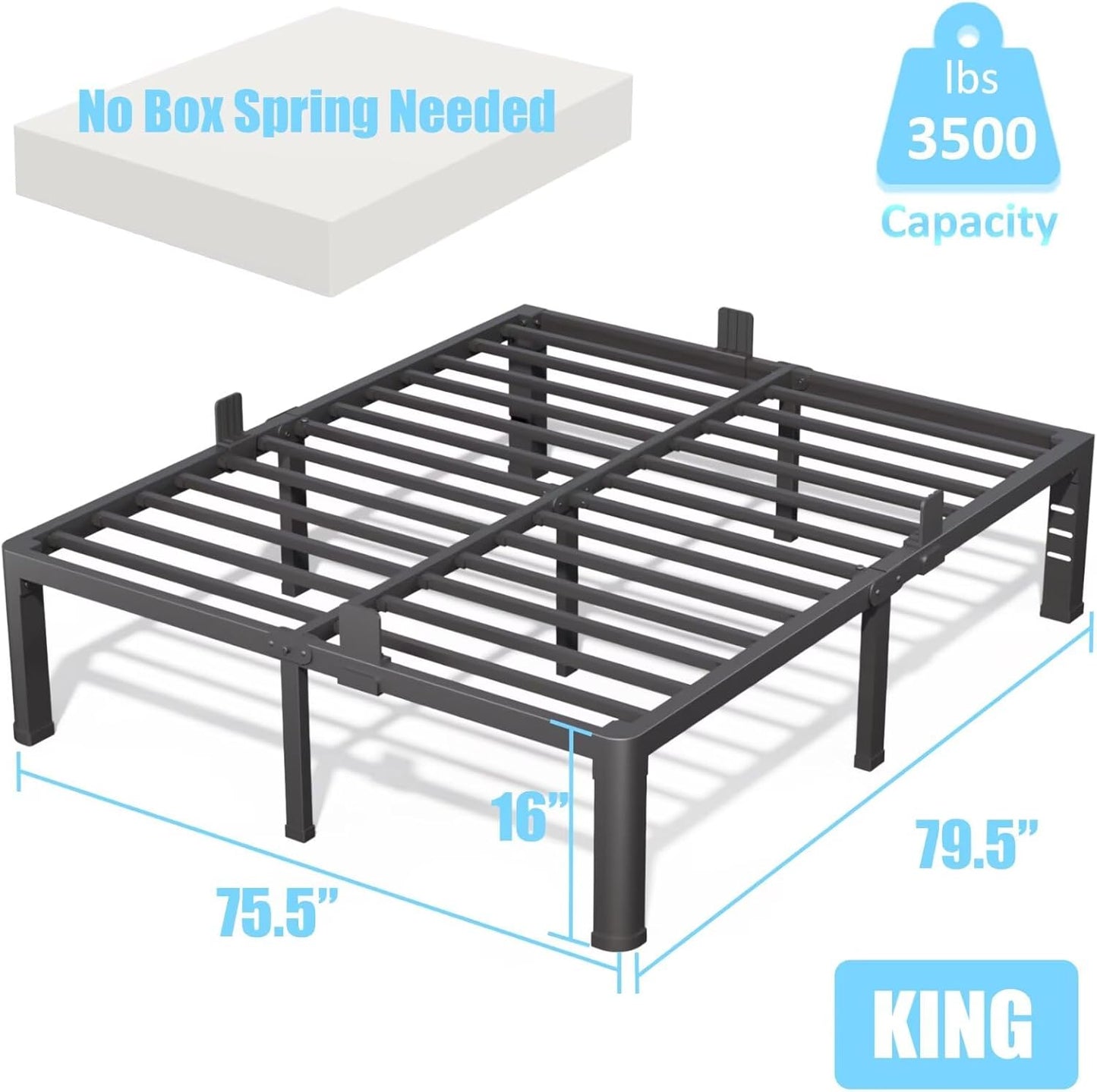 FUIOBYVV 16 Inch King Bed Frame with Rounded Corner and Headboard Hole Mattress Retainers 3500 LBS Metal Heavy Duty Steel Slats Support No Box Spring Needed Platform Noise Free Easy Assembly