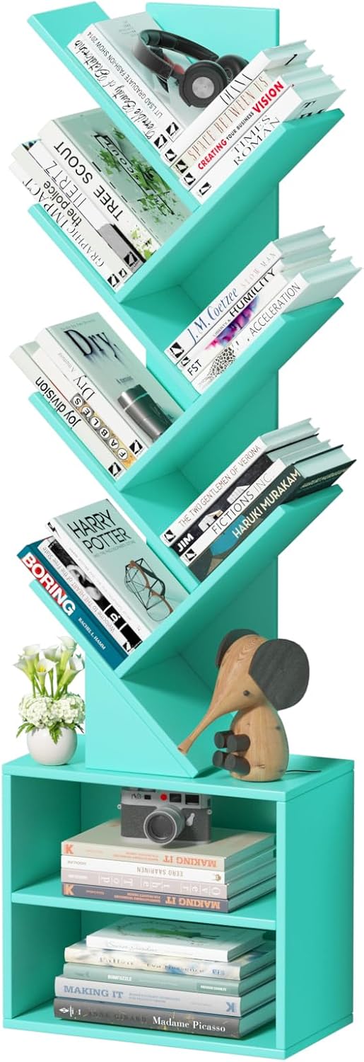 10 Tier Tree Bookshelf,Floor Standing Wood Tall Bookcase for Narrow Space, Storage Organizer Bookshelves for Books, Book Case for CDs/Movies/Books,Home Office,Living Room, Bedroom