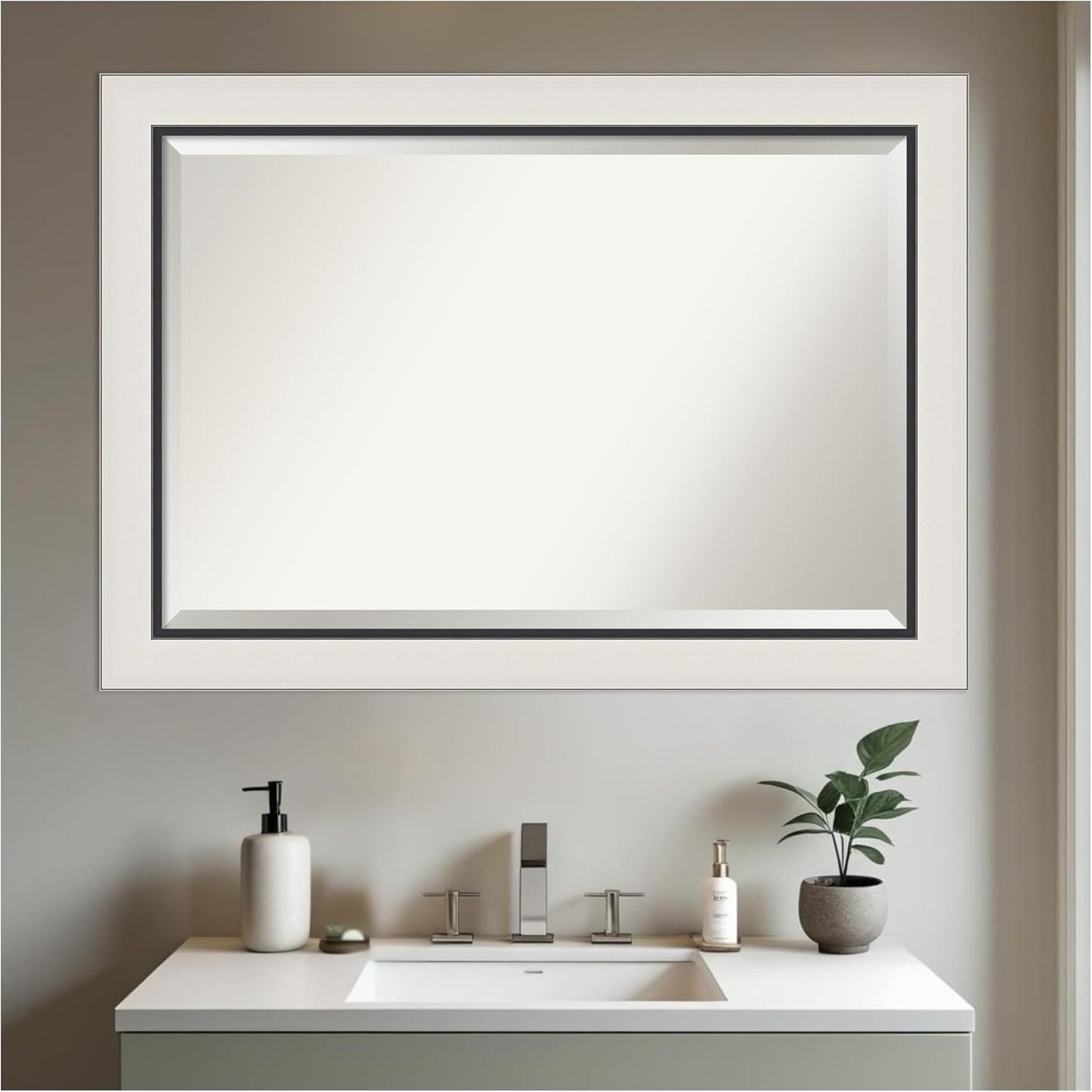 Amanti Art Silver Bathroom Mirror for Over Sink, 30x42 Ellie Silver Black Rectangle Vanity Mirror, Large Modern Contemporary Frame, Hangs Horizonally and Vertically, Bathroom Wall Decor, Beveled Edge