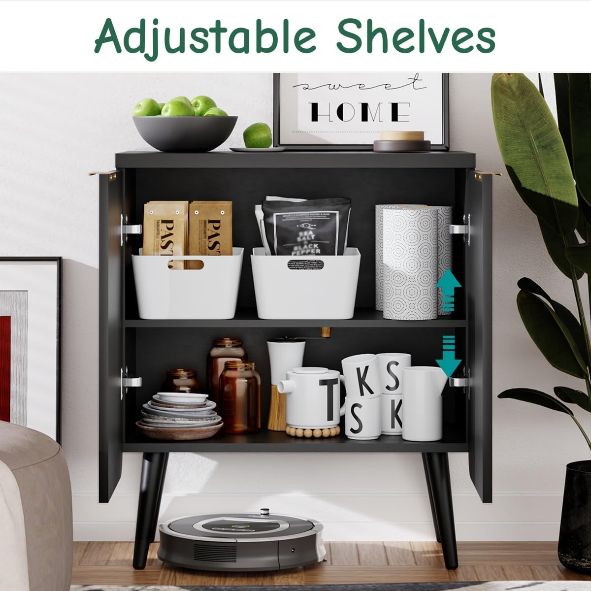 23.6" Sideboard Cabinet with 2 Doors, Modern Buffet Cabinet with Adjustable Shelf, Dining Room Sideboard, Fluted Buffet Sideboard for Living Room, Hallway, Entryway, Black