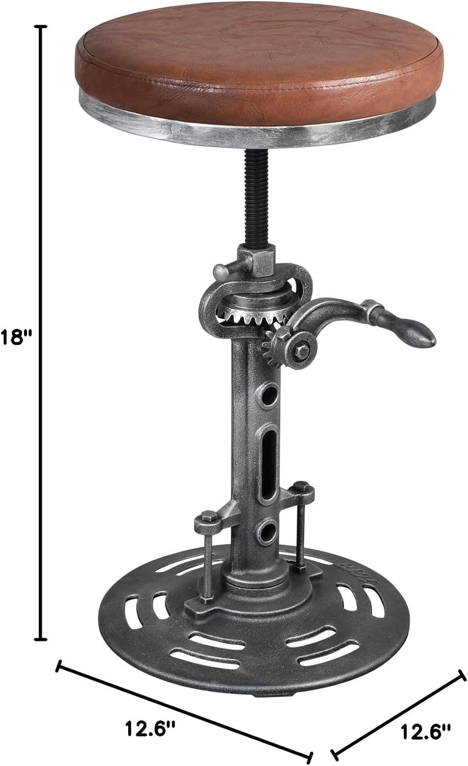 LOKKHAN American Antique Steampunk Deco Vintage Industrial Bar Cafe Stool, Retro Stylish Cast Iron Base Swivel Round Leather Top, Easily Adjusts by Crank Handle