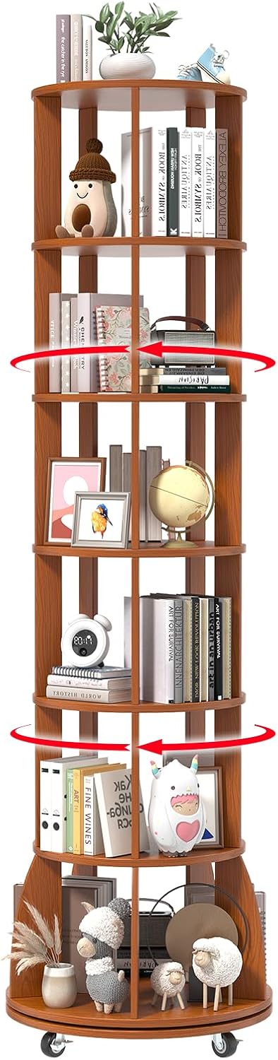 6 Tier Rotating Bookshelf with Locking Casters, 360° Spinning Vertical Bookcase, Revolving Floor Standing Organizer for Small Spaces, Corner, Living Room, Bedroom, Rustic Brown